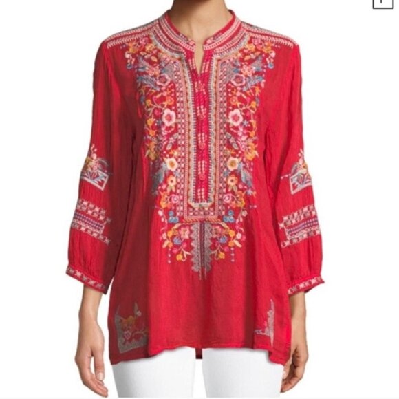 Johnny Was Bethanie Boho Tunic Strawberry Embroidered Tunic Top M Red Floral - Picture 1 of 9